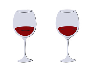 Red wine glass on white background. Cartoon sketch graphic design. Flat style. Colored hand drawn image. Party drink concept for restaurant, cafe, party. Freehand drawing style