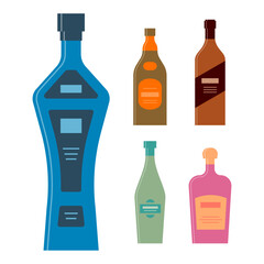 Set bottles of vodka balsam brandy vermouth liquor. Icon bottle with cap and label. Graphic design for any purposes. Flat style. Color form. Party drink concept. Simple image shape