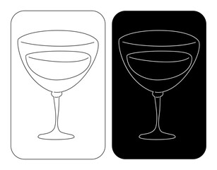 Vermouth glass in thin lines. Cartoon sketch graphic design. Doodle style. Black white hand drawn image. Party drink concept for restaurant, cafe, party. Freehand drawing. Two kinds of illustration