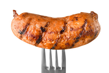 Freshly cooked sausage on fork isolated on white background