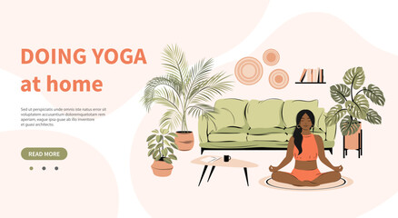 Obraz premium Yoga at home. Woman practicing yoga and enjoying meditation in her room or apartment. Flat vector illustration.
