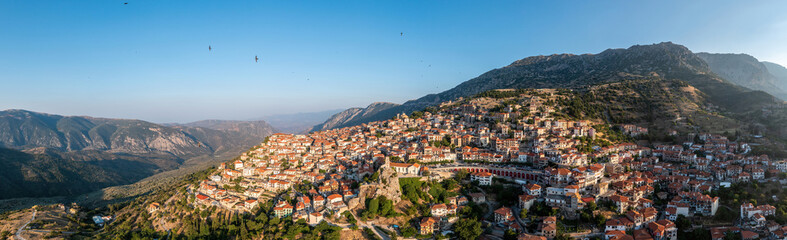 Fototapeta na wymiar Arachova Greece mountain town aerial panorama, Boeotia. Tourist resort