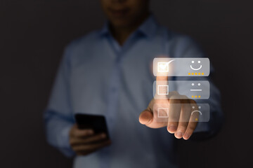 positive customer reviews Tap the happy smiley face icon. Concept Five Star Satisfaction Survey	
