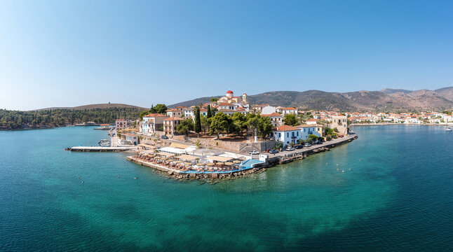 Galaxidi Greece, aerial drone view. Traditional town sunny day.