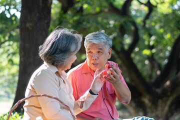 Happy old elderly couple spouses relaxing and sitting on a blanket in the park and sharing few precious memories. Senior couple having great time together on a picnic. concept of mature relationships