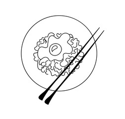 Retro chinese icon with red traditional japanese noodles egg with chopsticks on white background. Healthy food background. Vector illustration design. Tasty asian soup.