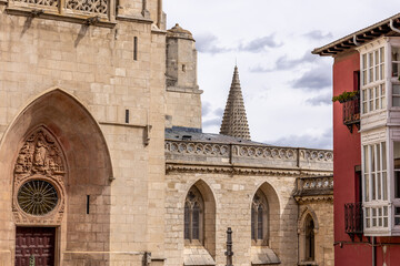 Fototapeta na wymiar City of Burgos - Spain. Place of Rey San Fernando with Cathedral of Saint Mary in Burgos. Burgos is a city in northern Spain and the historic capital of Castile.