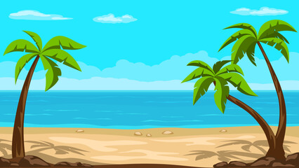 Tropical beach with palm trees, cartoon style vector illustration.