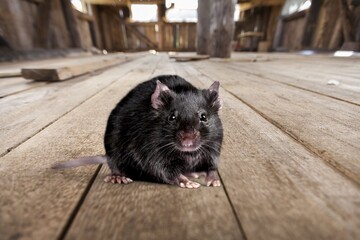 Small wild rat on wooden desk
