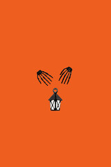Halloween minimal concept with orange background and black skeleton hand holding lantern on wallpaper with copy space. Holiday autumn idea for party invitation. Spooky holiday symbol.
