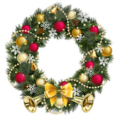 Fototapeta na wymiar Vector Christmas Pine Fluffy Wreath with Trumpet