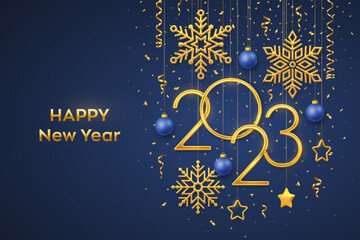 Happy New 2023 Year. Hanging Golden metallic numbers 2023 with shining snowflakes, 3D metallic stars, balls and confetti on blue background. New Year greeting card or banner template. Vector.
