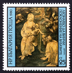 Postage stamp 'Adoration of the Magi, Leonardo da Vinci' printed in Bulgaria. Series: 'Paintings by...