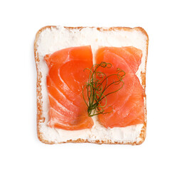 Delicious toast with cream cheese, salmon and microgreens isolated on white, top view