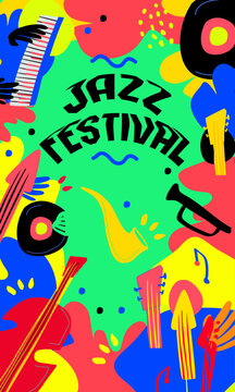 Jazz festival vector flyer template. .Creative modern horizontal poster, banner, and brochure with classic music instruments and text. Vector illustration for music events