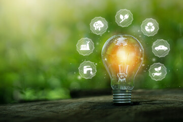 Green energy concept.Environmental protection, renewable, sustainable energy sources.Light bulb...