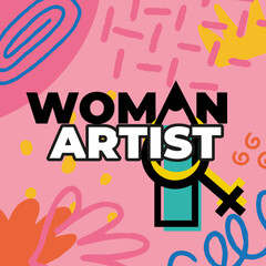 Colorful modern cover art for podcast Woman Artist, doodle pink background