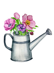 Watercolor decoration with watering pot and flowers  © Людмила Зеленюк