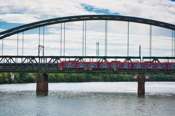 Frankfurt am Main, Germany - Train ride in Frankfurt over old steel bridge