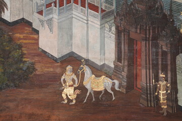 Old wall paintings from 1930 tell the story of Thai literature. Written on the wall of Wat Phra...