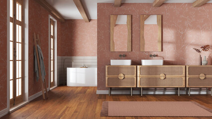 Farmhouse minimalist bathroom in orange and beige tones. Wooden washbasin and freestanding bathtub. Vintage retro interior design