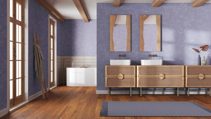 Farmhouse minimalist bathroom in violet and beige tones. Wooden washbasin and freestanding bathtub. Vintage retro interior design