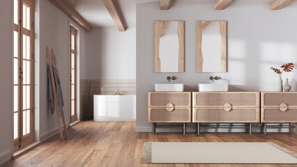 Farmhouse minimalist bathroom in bleached and beige tones. Wooden washbasin and freestanding bathtub. Vintage retro interior design