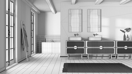 Blueprint unfinished project draft, farmhouse minimalist bathroom. Wooden washbasin and freestanding bathtub. Vintage retro interior design