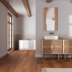 Fototapeta na wymiar Blurred background, vintage minimalist bathroom. Wooden washbasin and freestanding bathtub. Japandi retro interior design