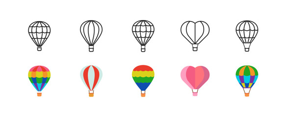 Fototapeta na wymiar Air balloon different shapes and colors icon set. Flat vintage design. Concept of flight. Valentine day. Signs of adventure, travel, sky fly. Journey and love symbol.