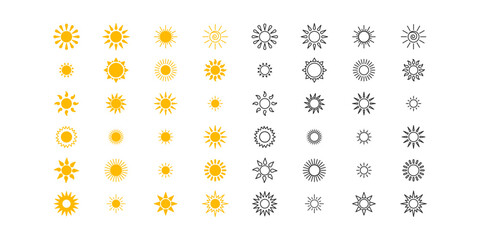 Variety of yellow sun icon set. Flat design. Concept of hot summer. Sunlight sign.