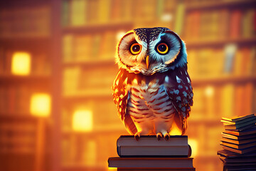 Alte Eule in einer Bibliothek auf einem Stapel von Bücher als Symbol der Weisheit, Illustration