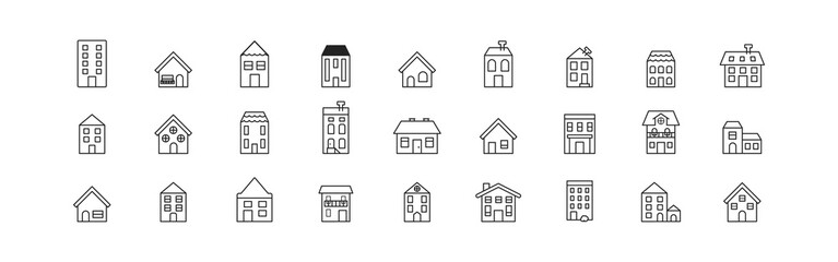 Cute various houses icon set. Concept of building, home. Urban exterior. Property symbol.