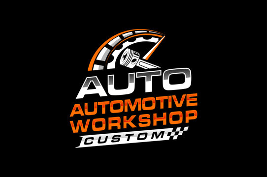 Automotive piston workshop logo design speedo meter badge style custom car service engine tune up icon symbol illustration