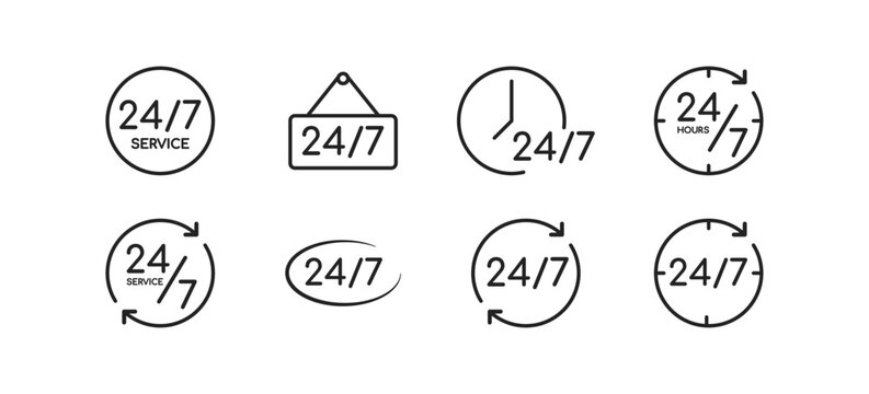24/7 Service open, 24 hours a day, 7 days a week icon set. Concept of tech supporting.  Timetable, time, hours signs. Delivery, shopping symbol.