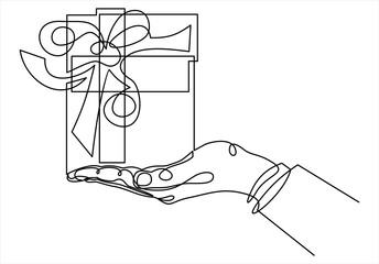 continuous line drawing of  hand holding gift box with ribbon 