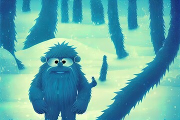 3d render, white hairy yeti stands near big ice cubes, bigfoot cartoon character. Winter clip art isolated on mint blue background - obrazy, fototapety, plakaty