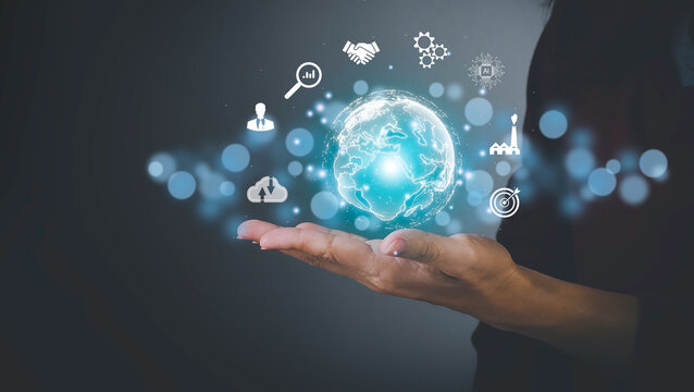 businesswoman holding Global network connection. Big data analytics and business intelligence concept. World map point and line composition concept of global business. Digital link tech.
