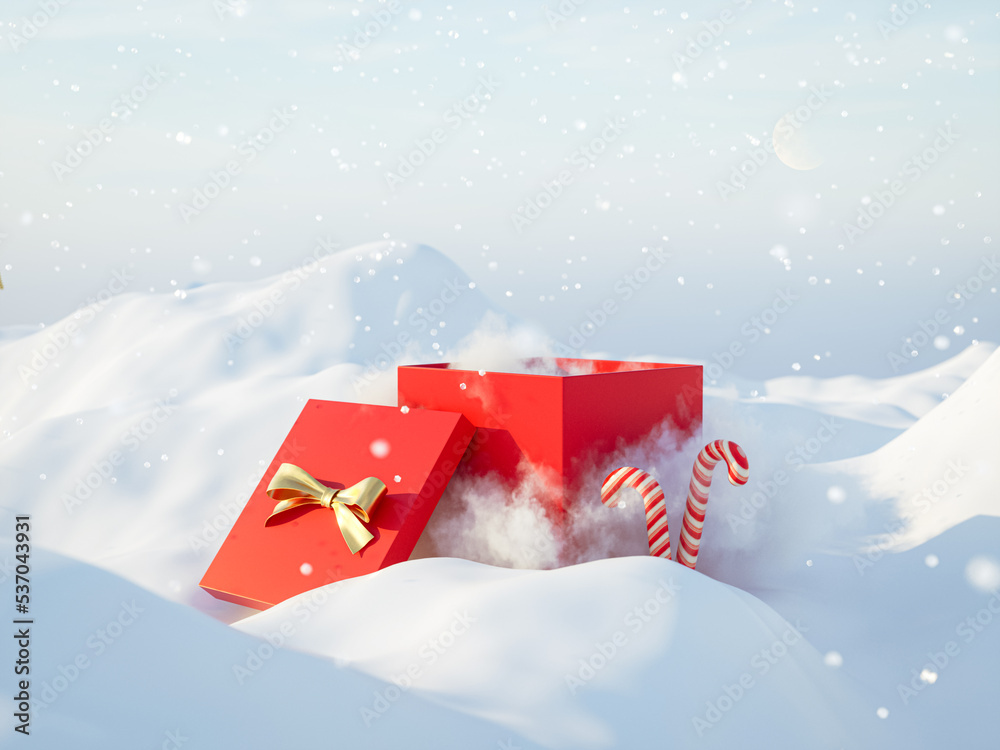 Aufkleber Abstract winter Christmas background with empty present box. 3d rendering.