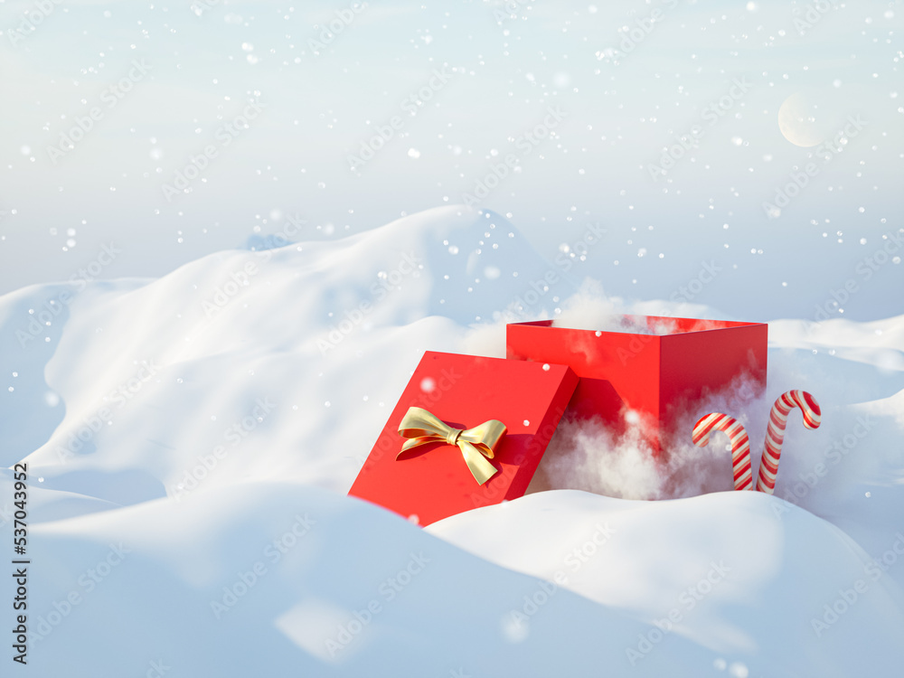 Aufkleber Abstract winter Christmas background with empty present box. 3d rendering.