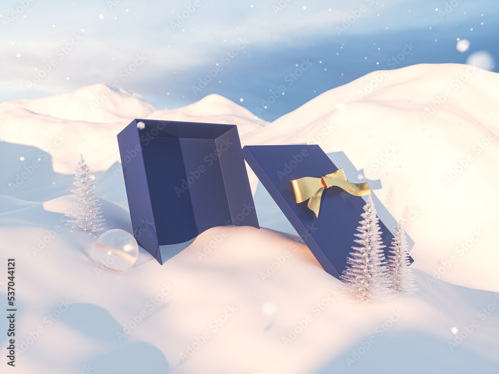 Leinwandbilder Abstract winter Christmas background with empty present box. 3d rendering.