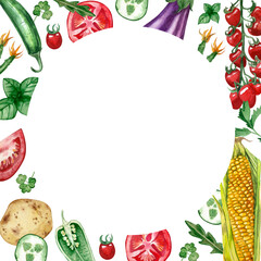 A frame for a round sawn-off of seasonal colored vegetables corn, eggplant hand-painted in watercolor on a white background. Suitable for menu design, printing on fabric and tableware, scrapbooking. - obrazy, fototapety, plakaty
