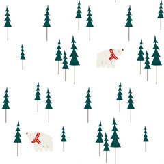 Seamless pattern with christmas trees and polar white bears. Fir forest wrapping paper. New year background