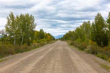 Fototapeta na wymiar Landscape of empty rural gravel road in cloudy day. Dirt not asphalted road
