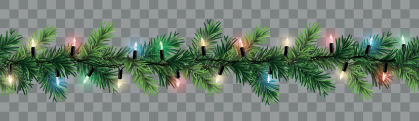 Vector seamless decorative christmas garland with coniferous branches and glowing colorful light chain on transparent background © Kateina
