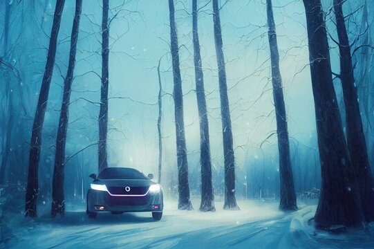 Kyiv, Ukraine. December 2021, winter experience with brand new electric car Volvo C40 in moody winter forest not far from Kyiv
