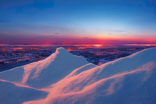 Yakutsk city in winter. View from a height of the ethnographic tourist complex Chochur Muran