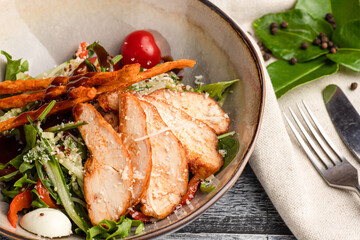 Chicken salad, chicken salad on a white background, side and top view