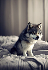 cute little gray wolf sitting on the bed in the bedroom, cartoon character