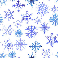 Snowflake patterns. Blue snowflake. Watercolor illustration. 